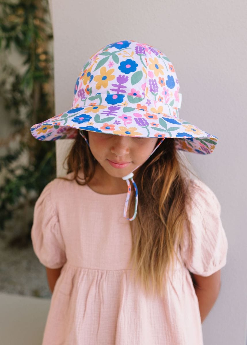 Colorful Petal Pop Wide Brim Sunhat by Acorn Kids, stylish accessories hat with a wide brim for sun protection.