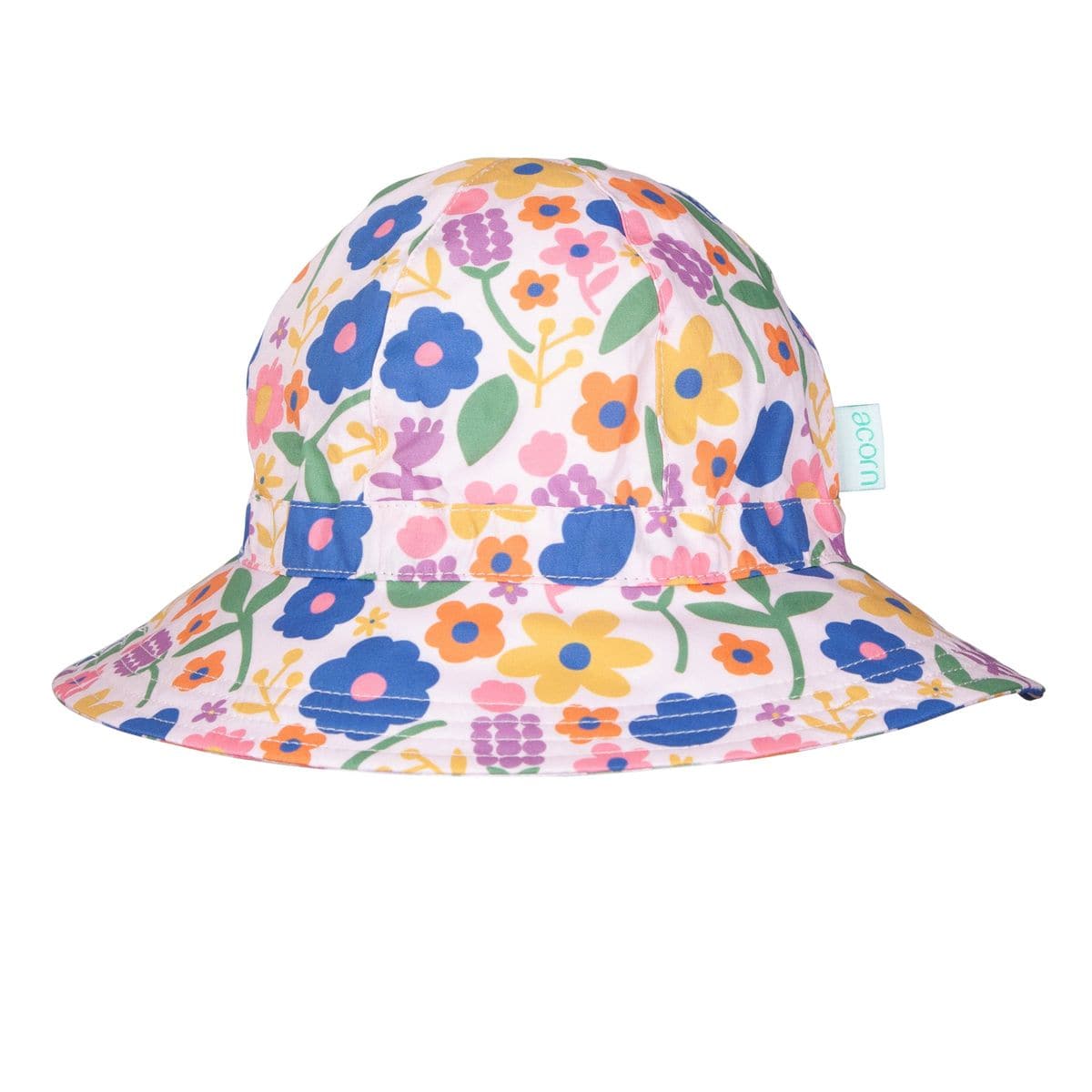 Colorful Petal Pop Wide Brim Sunhat for kids from Acorn Kids, lightweight accessories hat with floral design and sun protection.