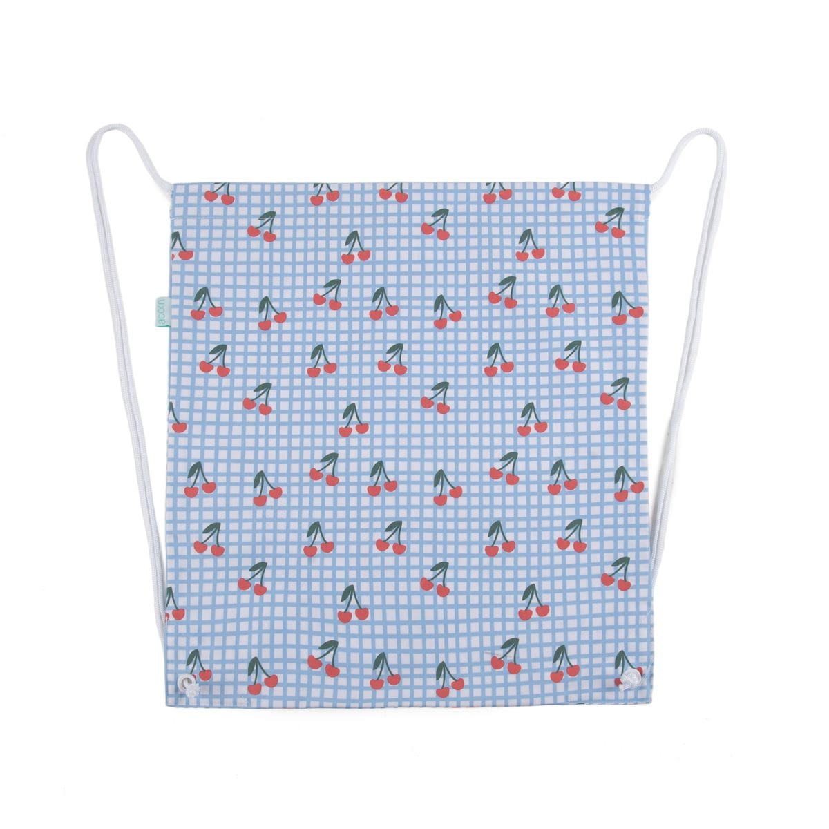 Cherry Checks Swim Bag for kids by Acorn Kids, featuring a colorful cherry check pattern and durable straps.