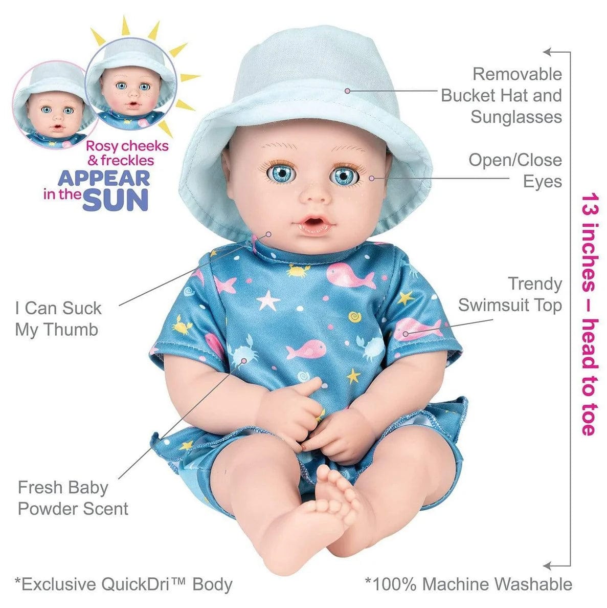 Adora Beach Babies Sunny toy doll in a bright beach outfit with sun hat and accessories