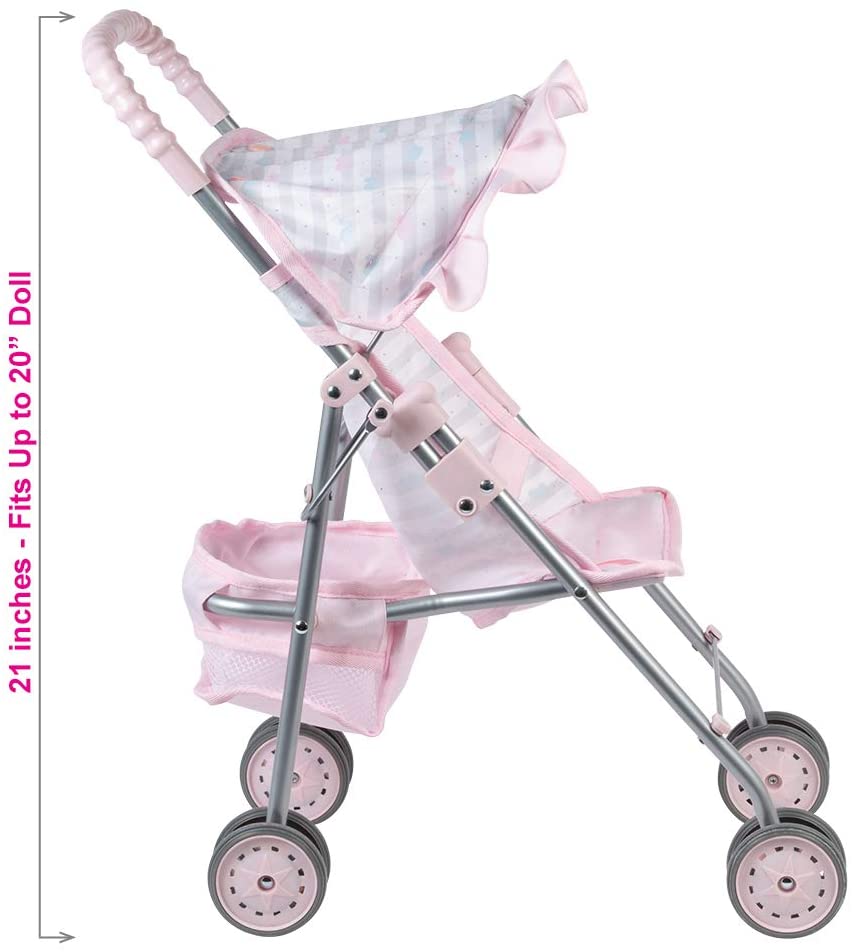 Adora medium shade umbrella stroller toy in pink and white with a doll seat and canopy