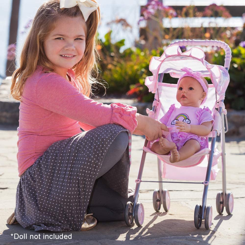 Adora medium shade umbrella stroller toy in pink and white with a lightweight folding frame