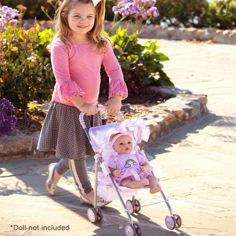 Adora medium shade umbrella stroller toy in pink with compact folding frame and dual handles