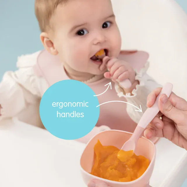 B.Box Weaning Cutlery Trio in blush color, a set of child-friendly feeding utensils for easy self-feeding.