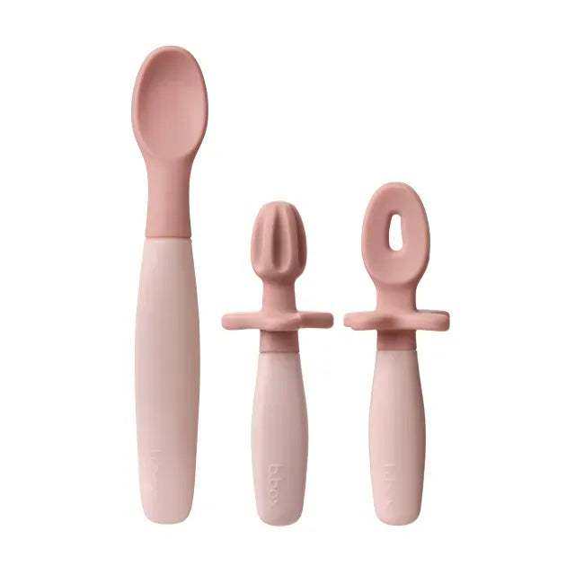 B.Box Weaning Cutlery Trio in blush, soft silicone utensils for feeding and self-feeding for babies and toddlers.