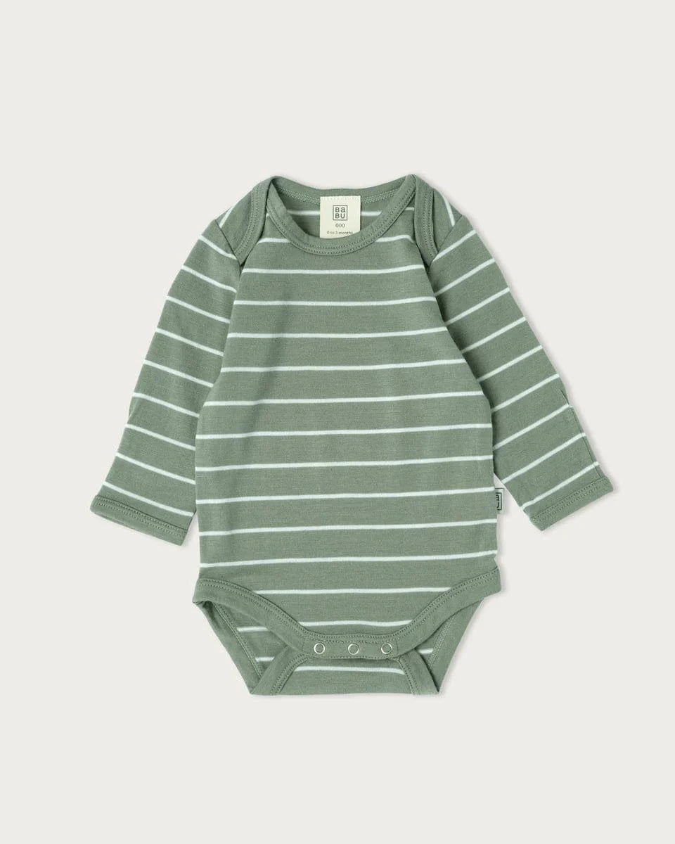 Babu Unisex Onesie NB Merino Long Sleeve Bodysuit - Sage Stripe