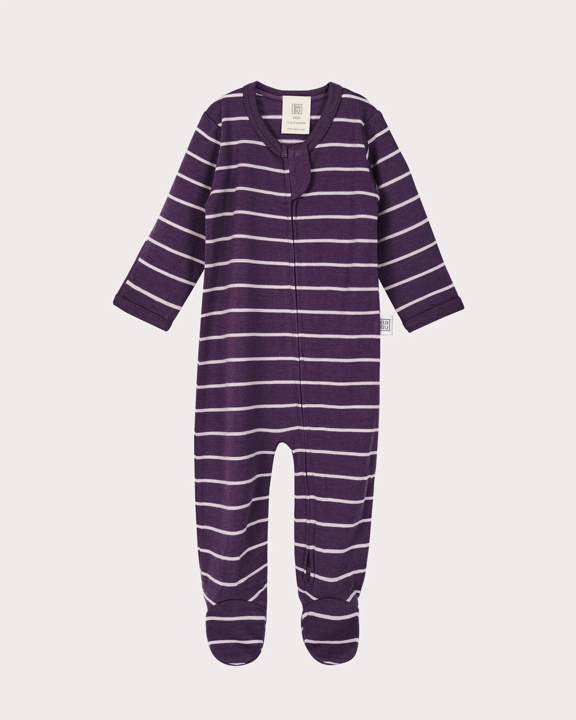 Babu Unisex Onesie Premmie Merino Footed Onesie - Plum Stripe