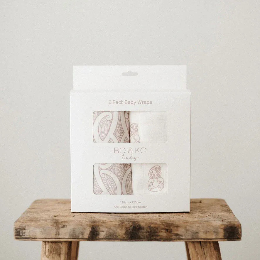 Bo & Ko Baby Accessory Blanket Mauve Tiki & Mauve Te Pātiki Wrap 2 Pack Set