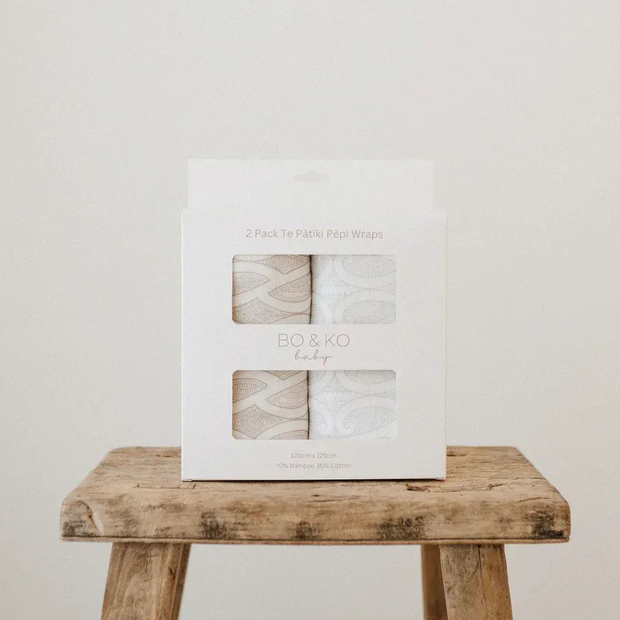 Bo & Ko Baby Accessory Blanket Mocha Te Pātiki & Grey Te Pātiki Wrap 2 Pack Set