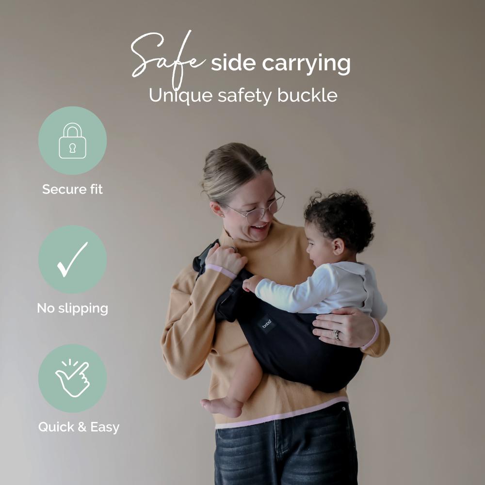 Boba Buddy toddler hip carrier accessory carrier with adjustable straps and padded waistband for comfortable wearing.