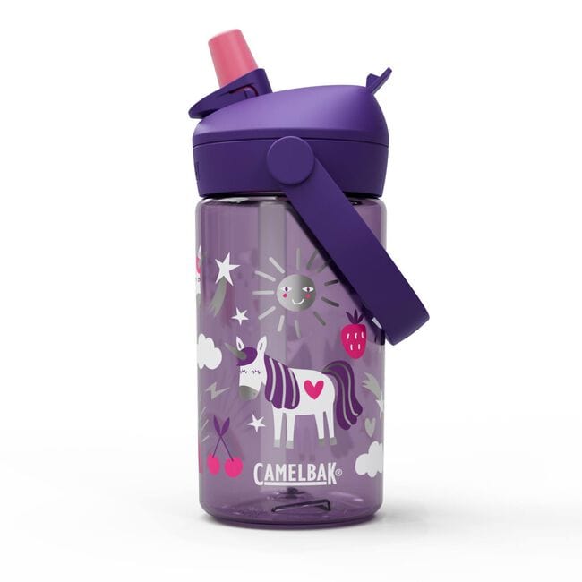 Camelbak Thrive Flip Straw Drink Bottle with 400ml capacity, featuring a colorful unicorn party design and Tritan Renew material.