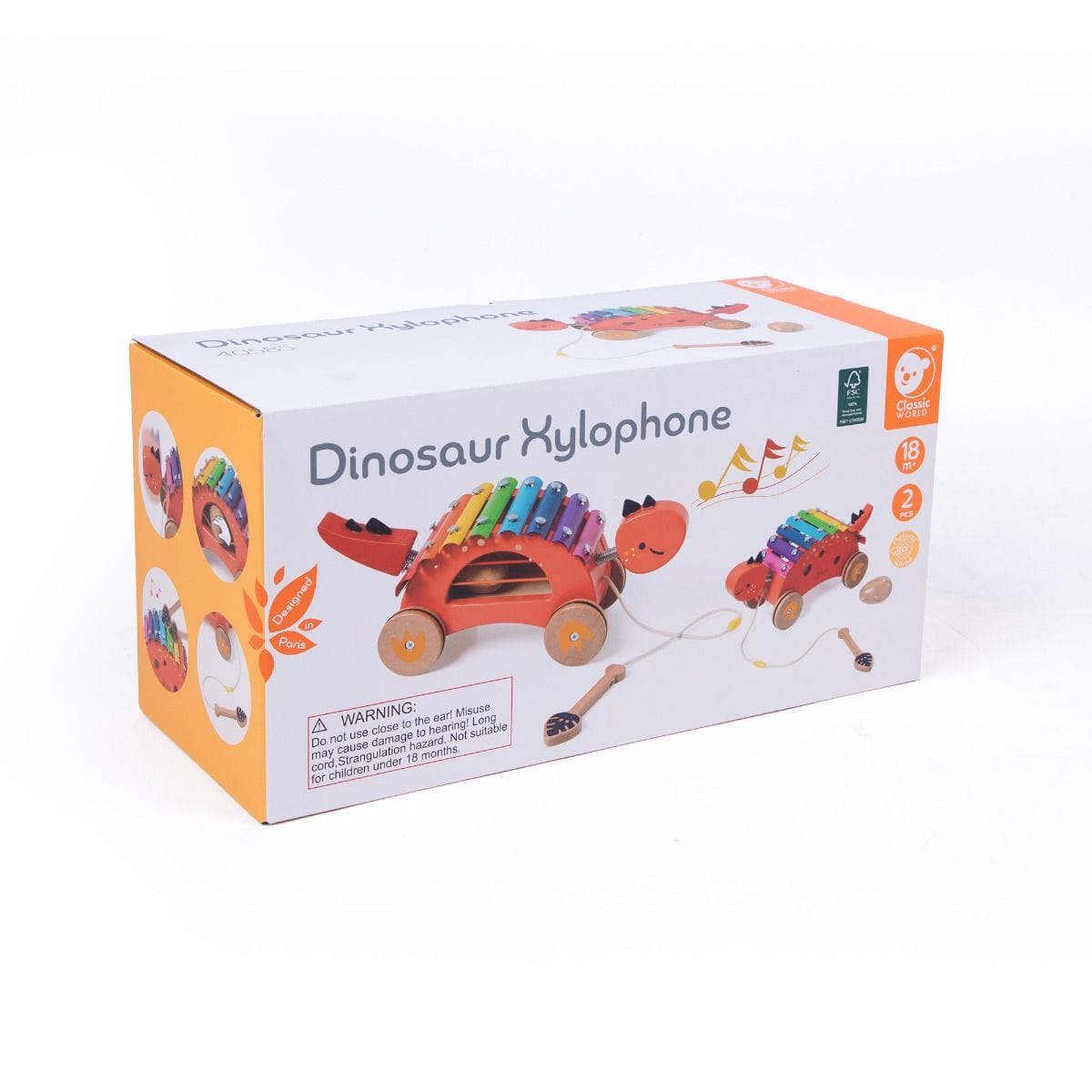 Colorful dinosaur-shaped xylophone toy by Classic World with wooden bars and mallet, designed for children's musical play.