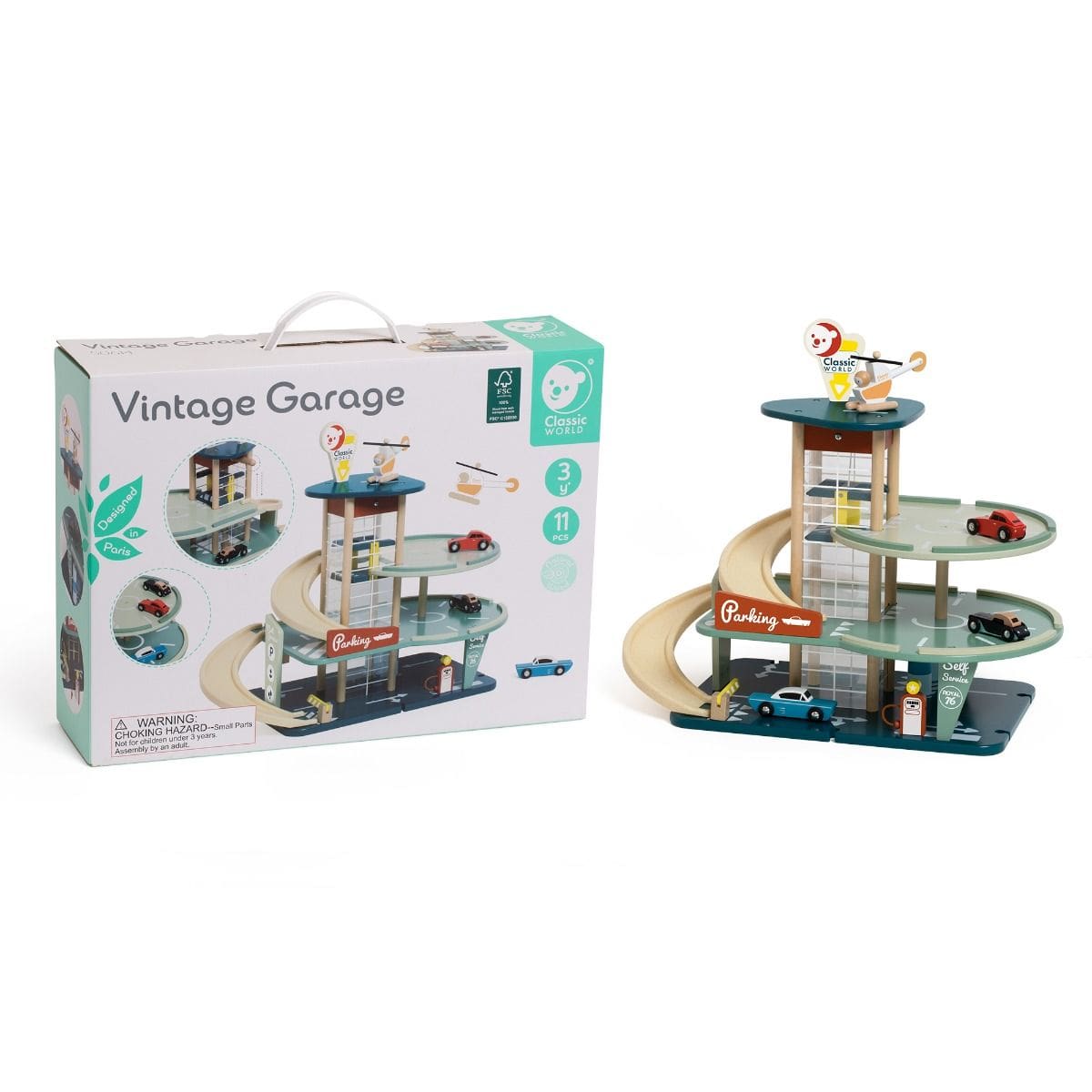 Vintage Garage toy from Classic World featuring colorful plastic garage with parking spaces and a miniature car.