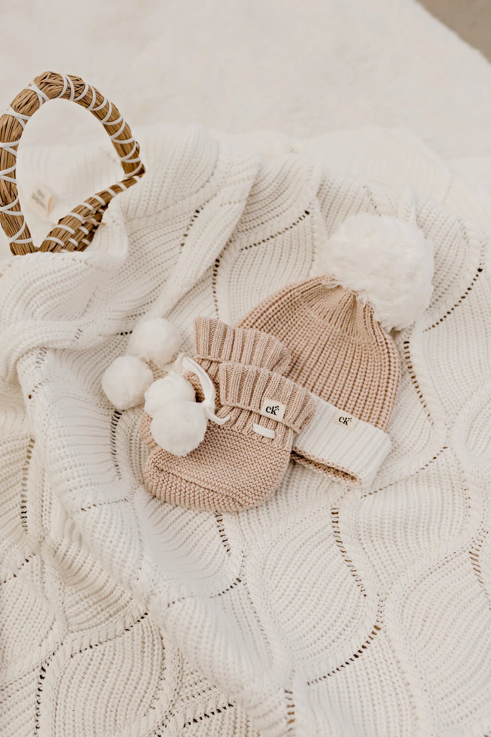 Confetti Kidz Baby Accessory Knit Booties - Biscotti Poms