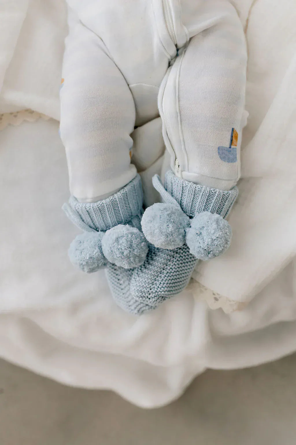 Confetti Kidz Baby Accessory Knit Booties - Soft Blue Poms