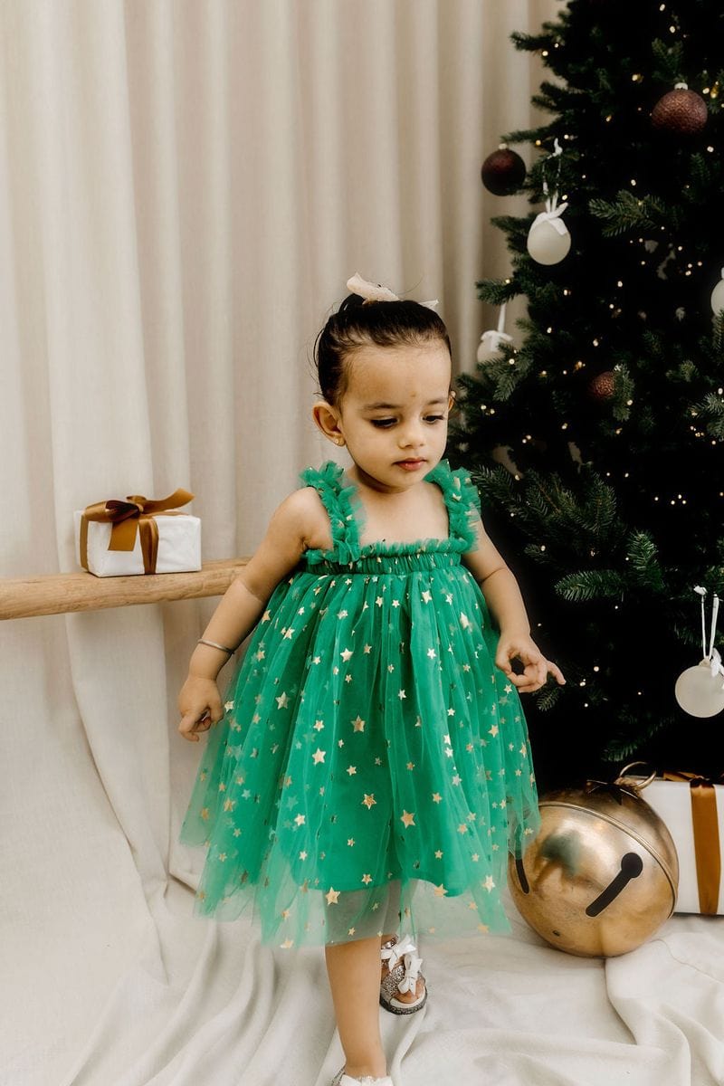 Confetti Kidz Girls Dress Classic Christmas Tulle Dress - Green Stars