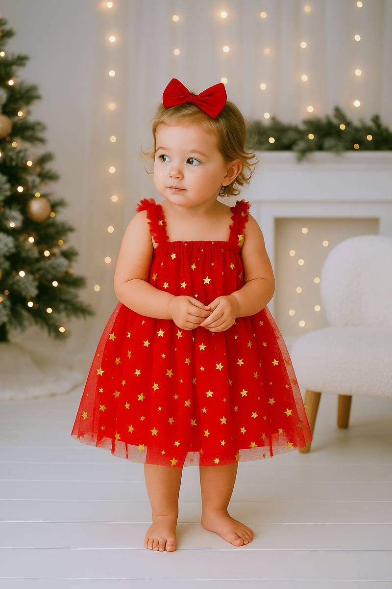 Confetti Kidz Girls Dress Classic Christmas Tulle Dress - Red Stars