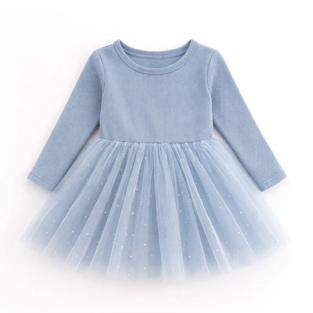 Confetti Kidz Girls Dress Dusty Blue Dots - Long Sleeve Tulle Dress