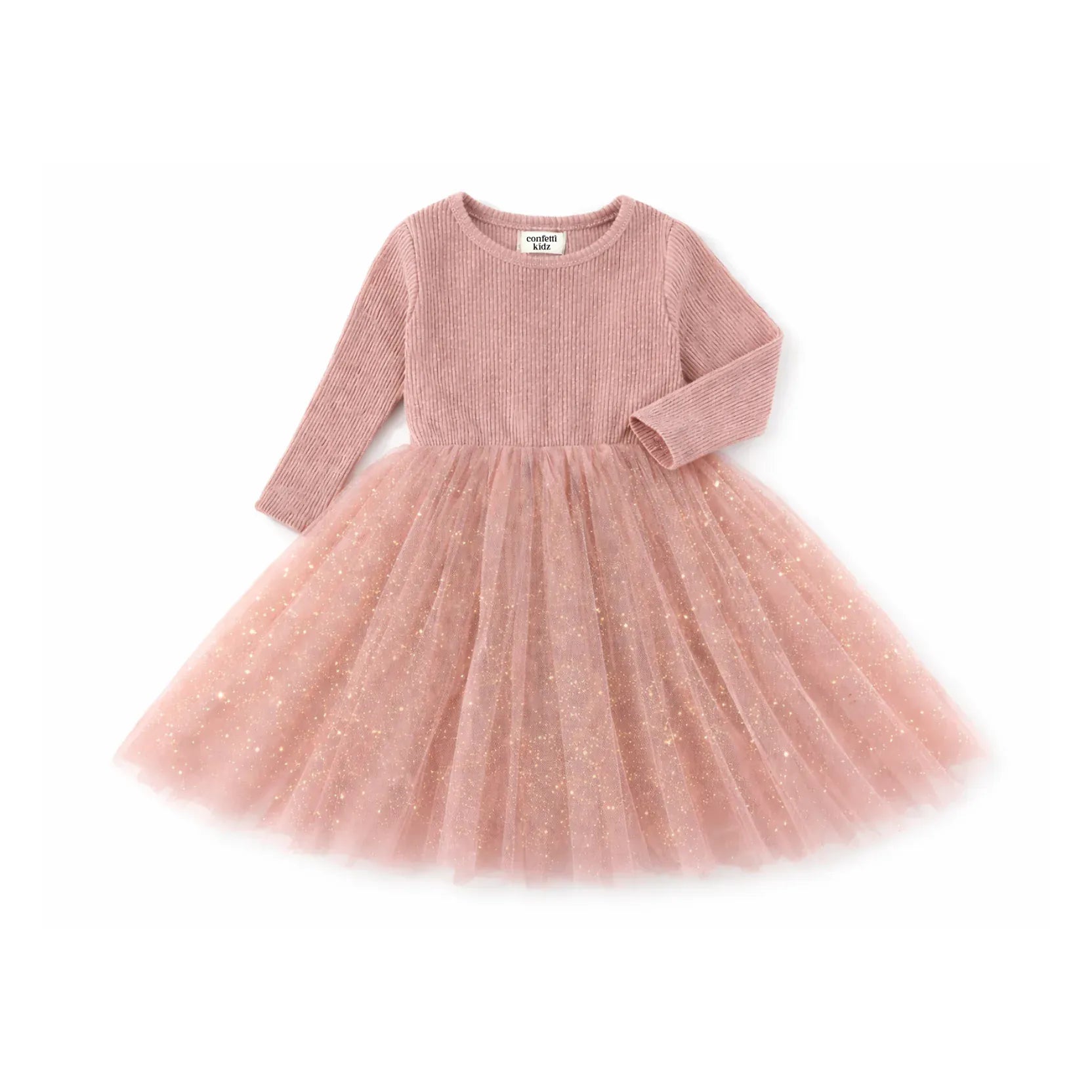 Confetti Kidz Girls Dress Dusty Pink Sparkles - Long Sleeve Tulle Dress