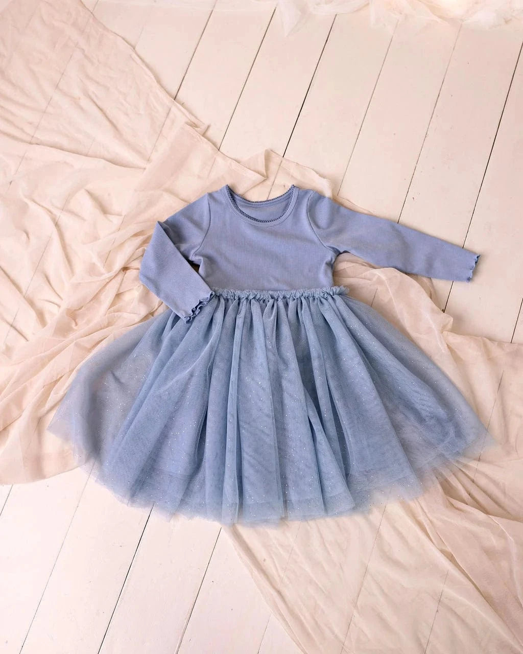 Confetti Kidz Girls Dress L/S Ribbed Tulle Dress - Dusty Blue