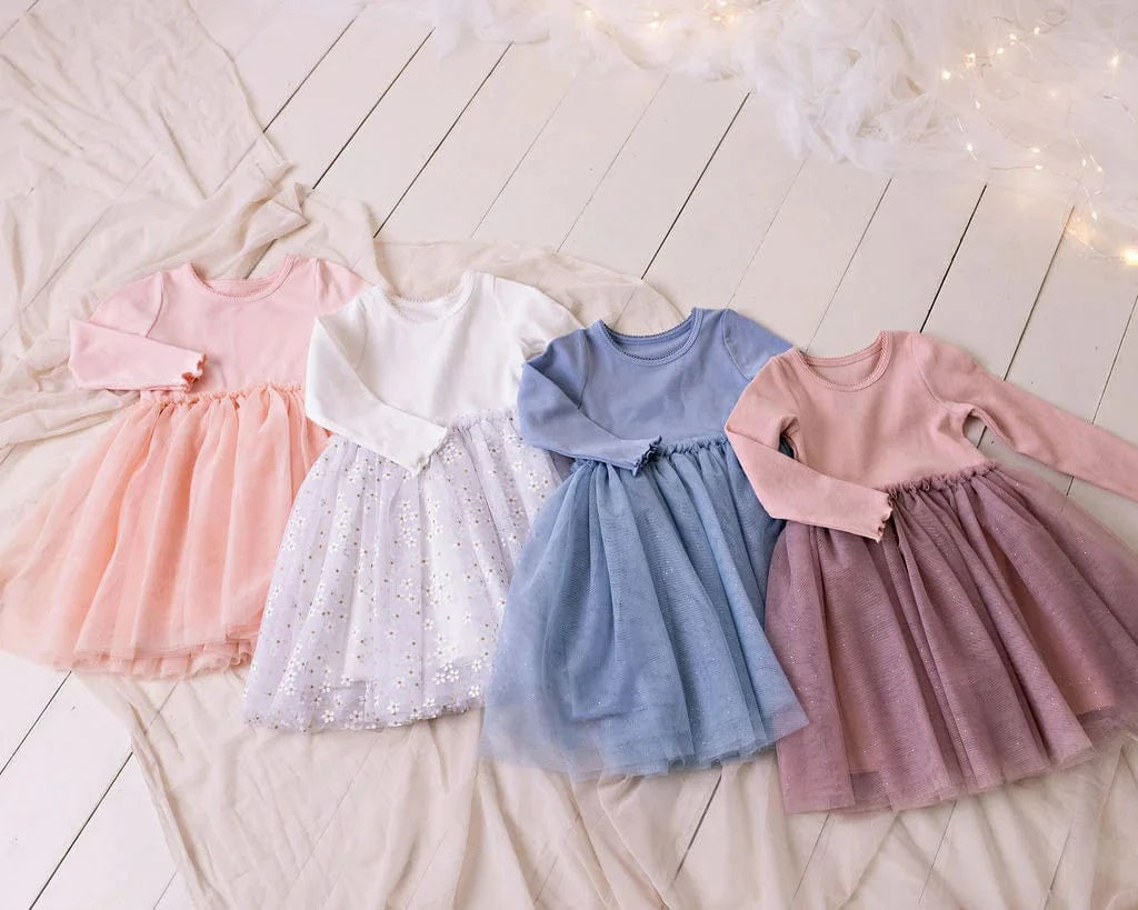 Confetti Kidz Girls Dress L/S Ribbed Tulle Dress - Dusty Pink