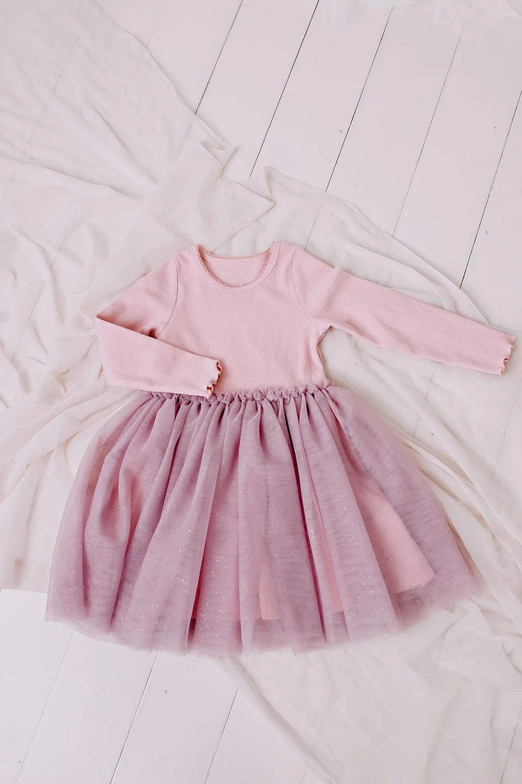 Confetti Kidz Girls Dress L/S Ribbed Tulle Dress - Dusty Pink