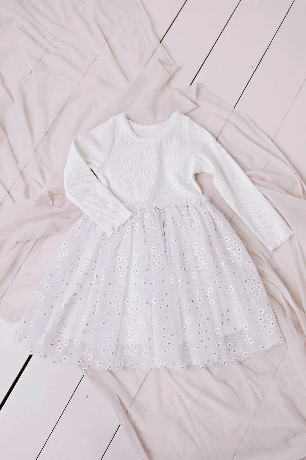 Confetti Kidz Girls Dress L/S Ribbed Tulle Dress - White Daisies