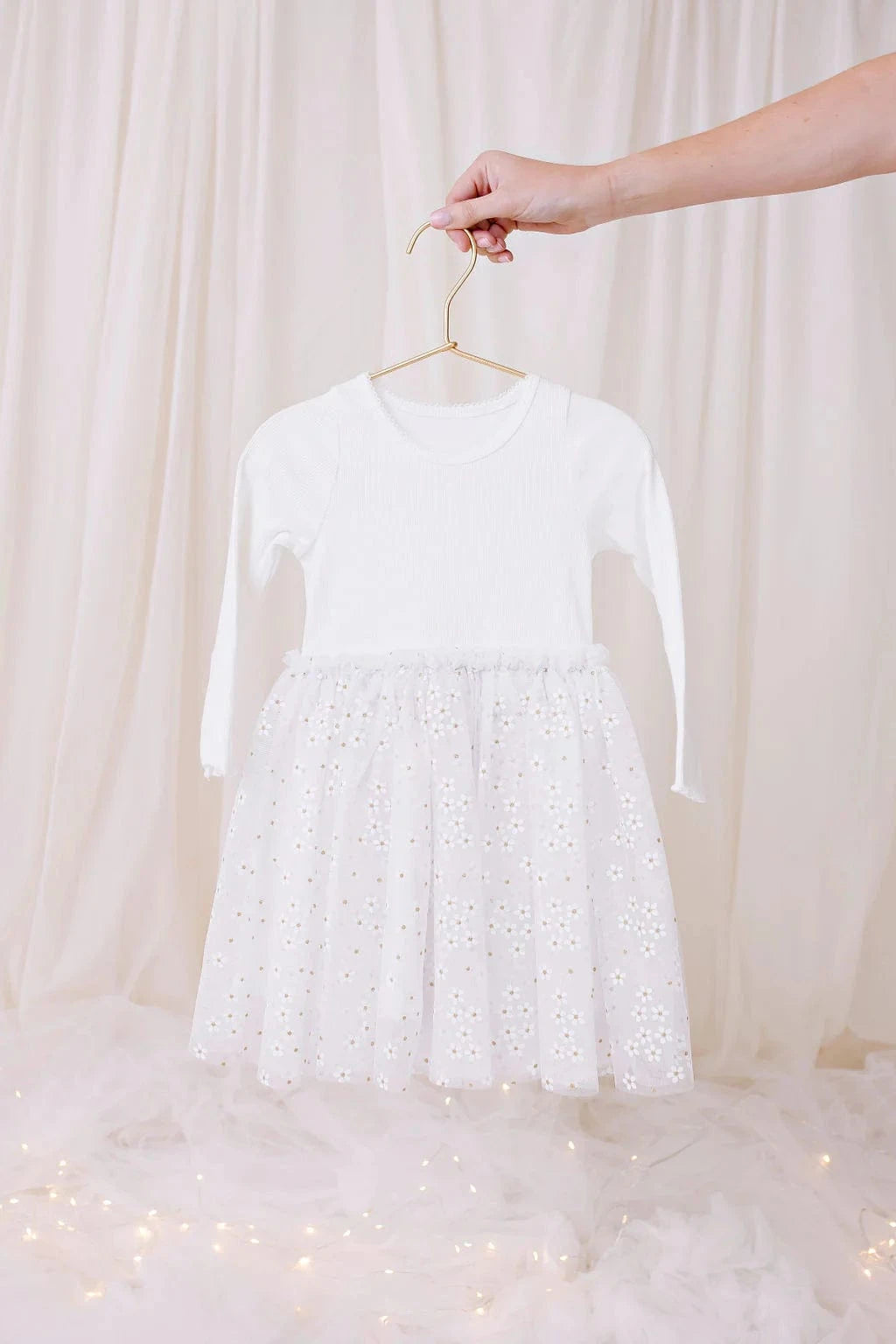 Confetti Kidz Girls Dress L/S Ribbed Tulle Dress - White Daisies