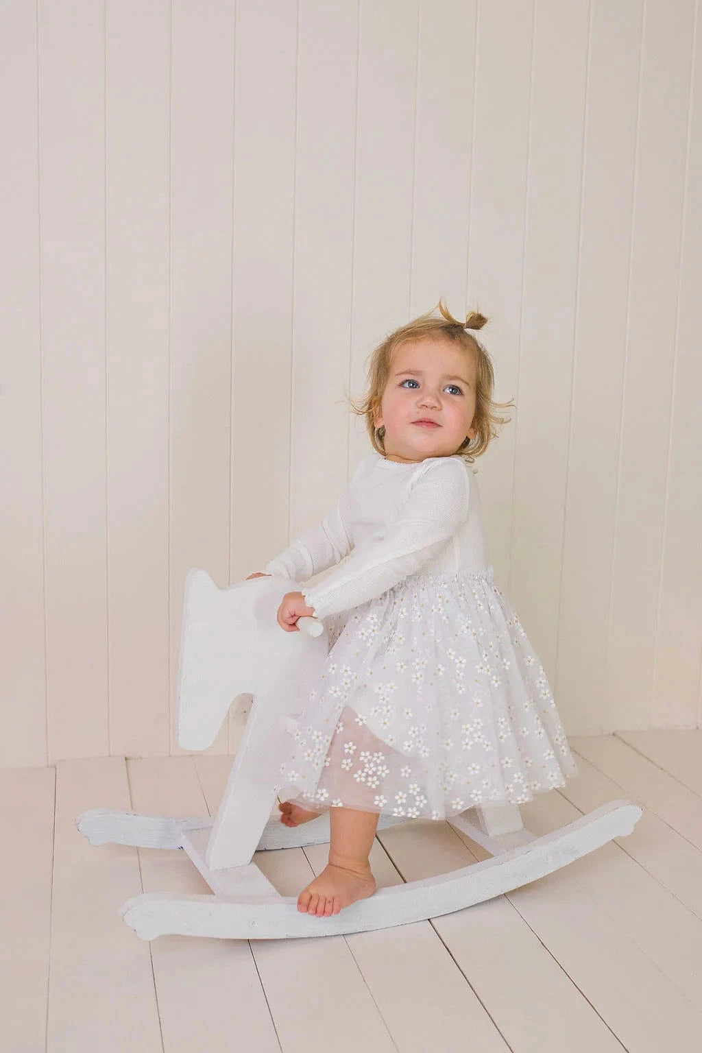 Confetti Kidz Girls Dress L/S Ribbed Tulle Dress - White Daisies