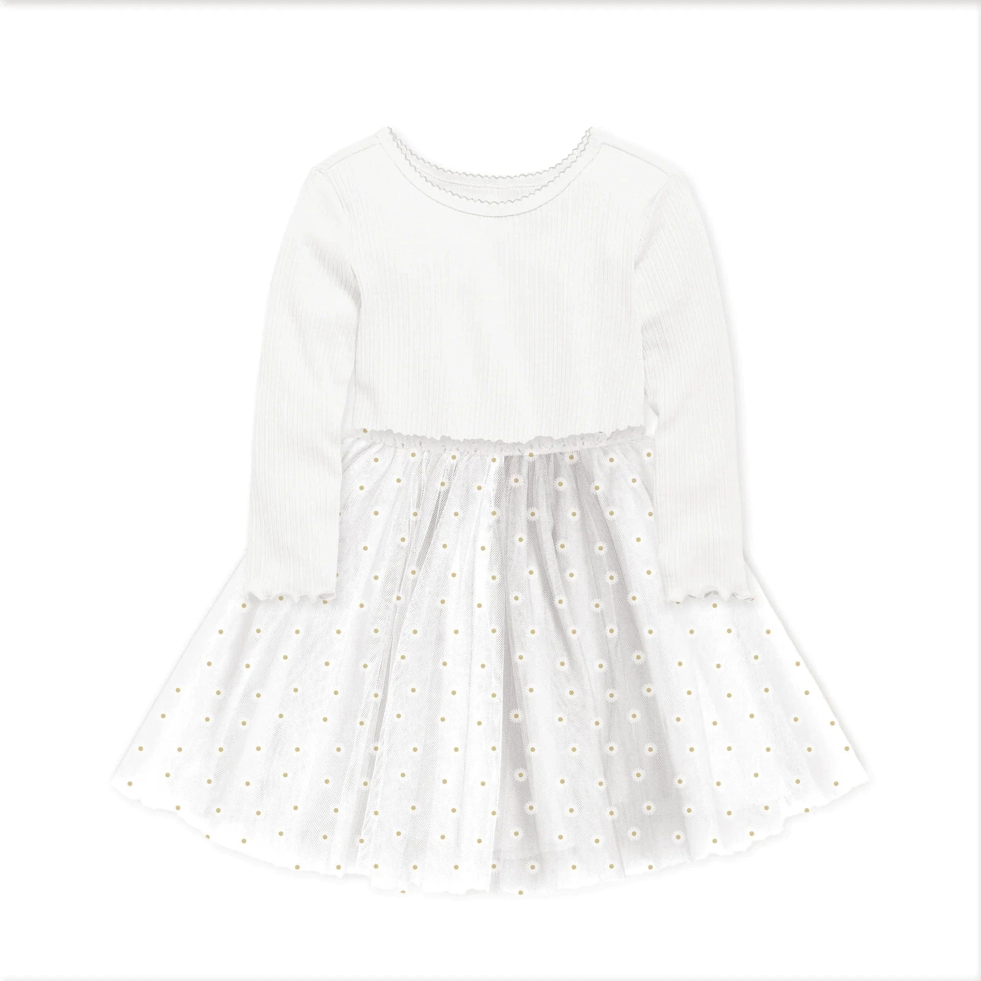 Confetti Kidz Girls Dress L/S Ribbed Tulle Dress - White Daisies