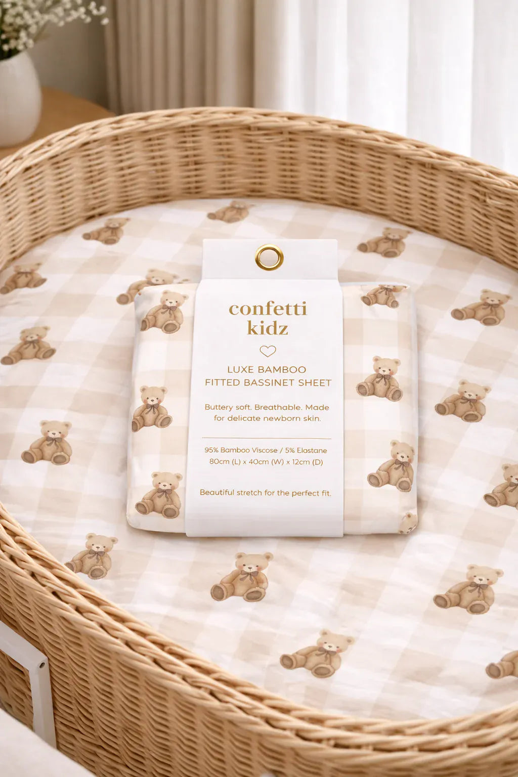 Confetti Kidz Linen Sheets Gingham Teddy Bassinet Sheet/Change Pad Cover