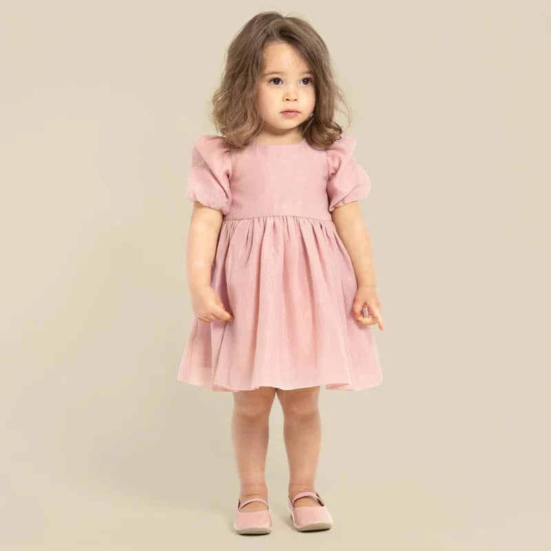 Designer Kidz Girls Dress 1Y Noa Puff Sleeve Bow Back Dress - Blush