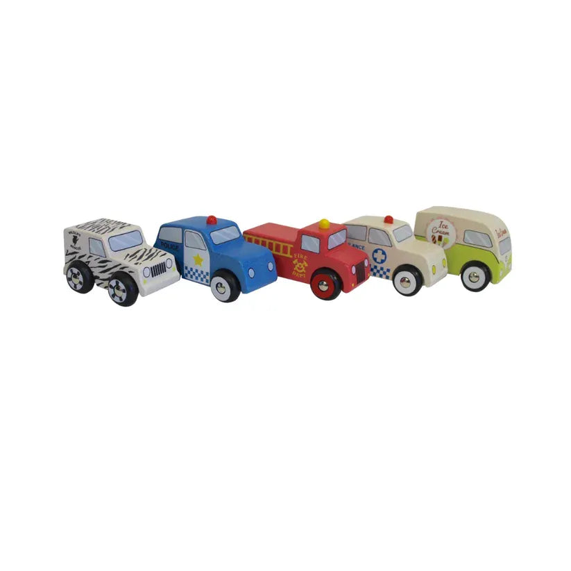 Discoveroo 5-piece emergency car toy set featuring colorful rescue vehicles for imaginative play.