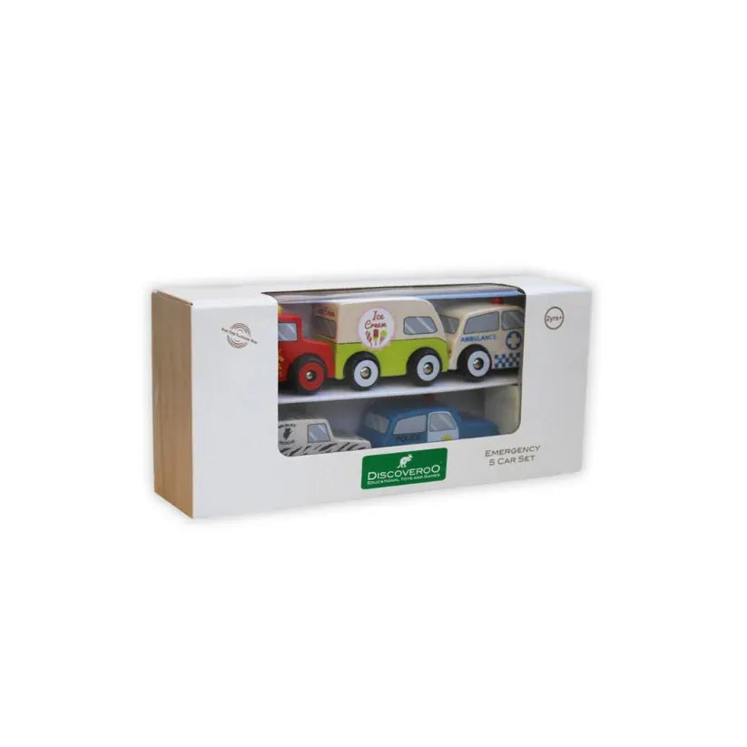 Discoveroo 5-piece emergency car set toy with colorful plastic vehicles and accessories for imaginative play.
