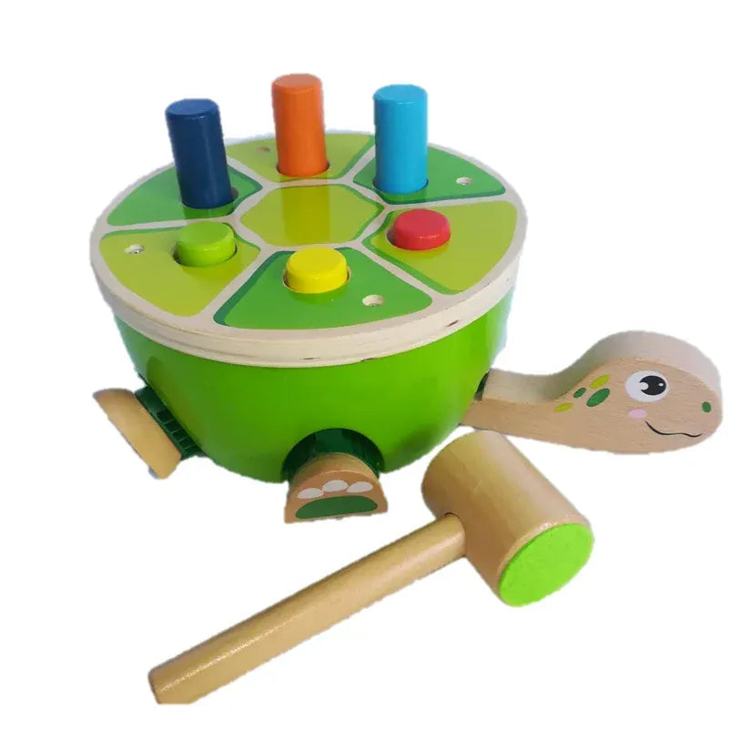 Colorful Discoveroo Turtle Smackeroo toy made of wood, designed for children to play and develop motor skills.