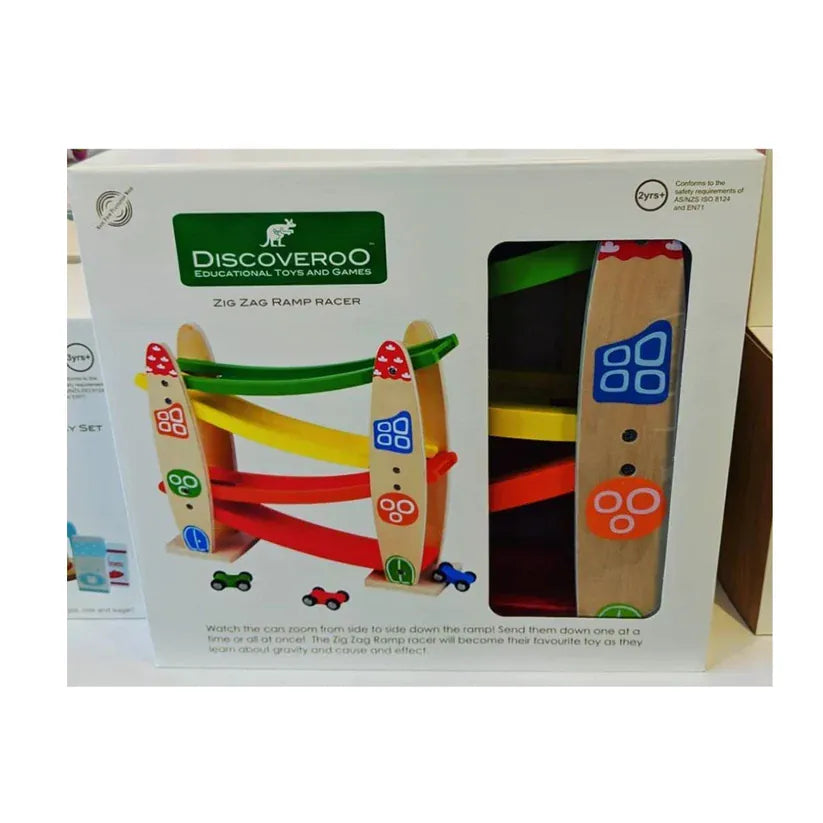 Discoveroo Zig Zag Ramp Racer toy with colorful zigzag tracks and small cars for kids' fun and active play.