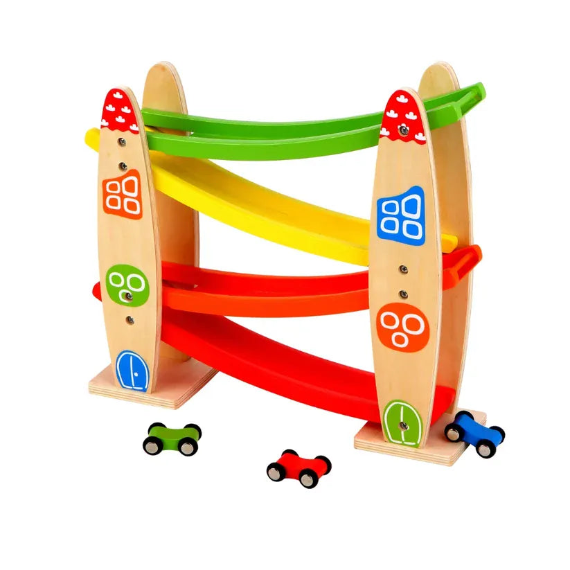 Discoveroo Zig Zag Ramp Racer toy with colorful ramps and racing cars on a smooth zigzag track for kids to race and enjoy.
