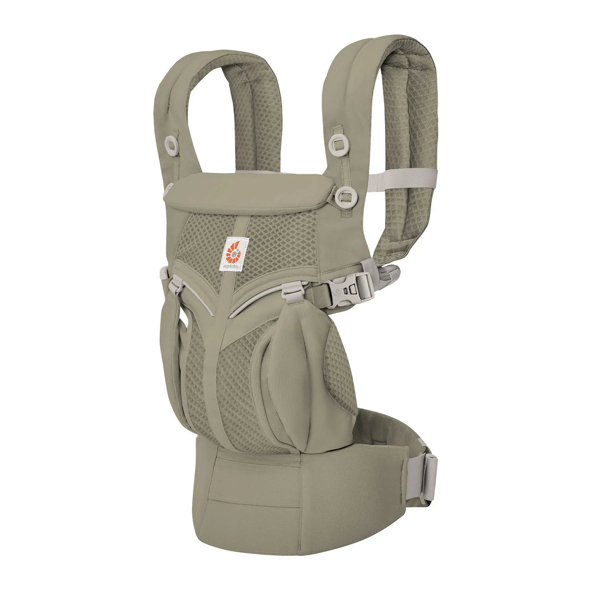 Ergobaby Omni Classic Mesh baby carrier in soft olive, showcasing ergonomic design and breathable mesh fabric for comfortable baby carrying.