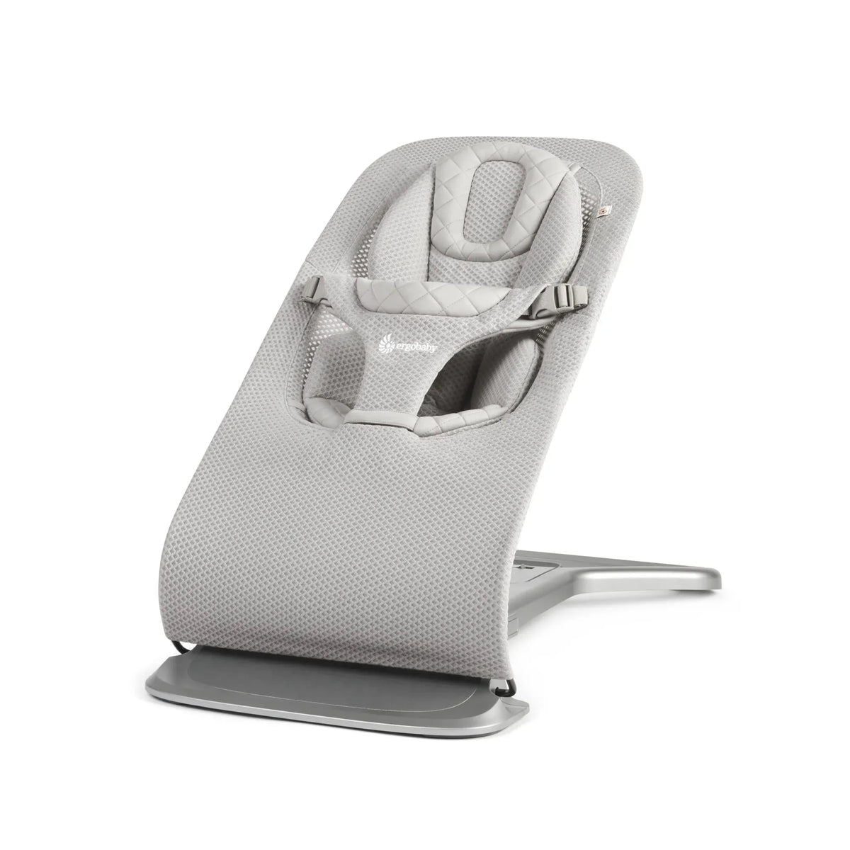 Ergobaby Evolve 3-in-1 Mesh Bouncer in gray fabric, showing its cushioned seat and adjustable frame for nursery furniture use.