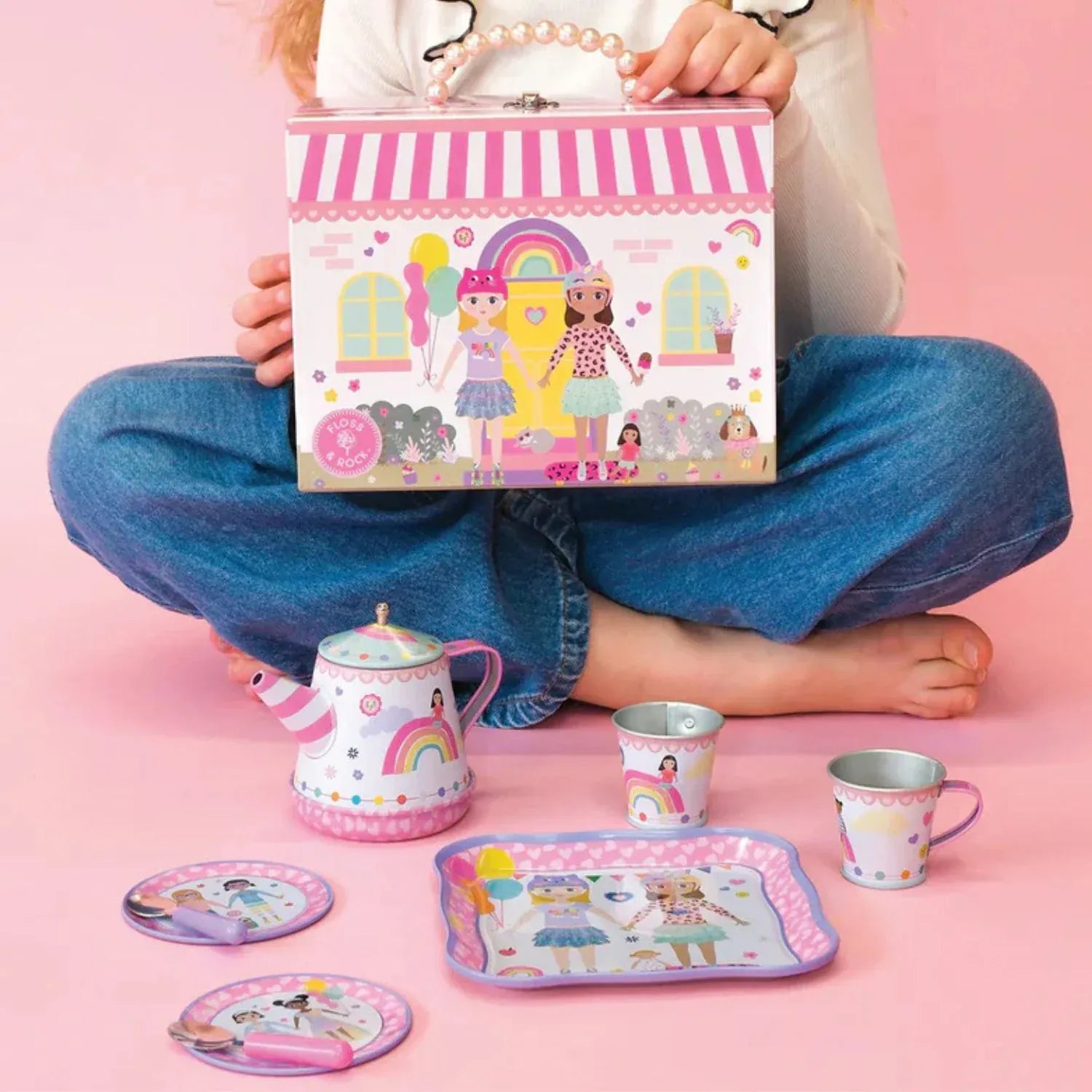 Floss & Rock Best Friends musical 9-piece tin tea set toy with colorful cups, teapot, and utensils for imaginative play.