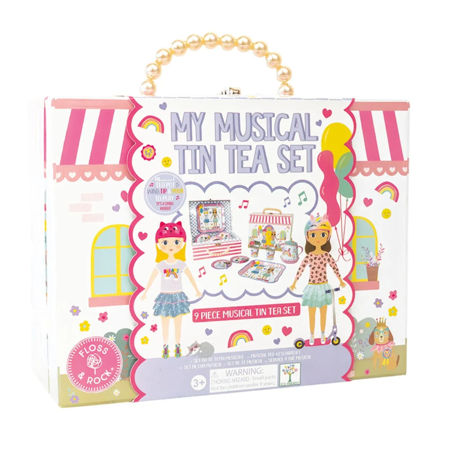 Floss & Rock Best Friends musical 9-piece tin tea set for kids, featuring colorful teapot, cups, and saucers in playful toy design.