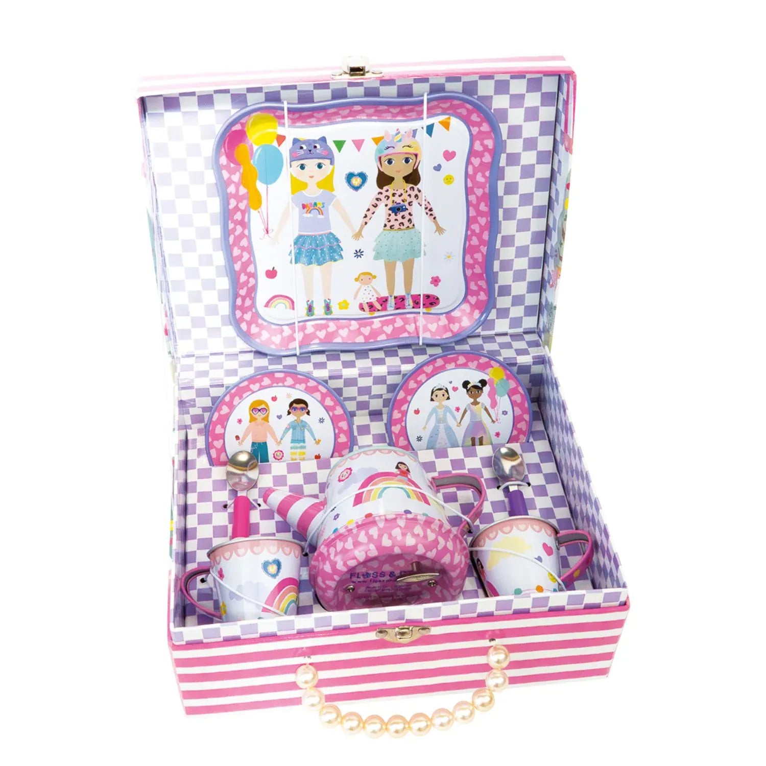 Floss & Rock Best Friends musical 9-piece tin tea set for kids, featuring colorful toy tea cups, teapot, and accessories for imaginative play.