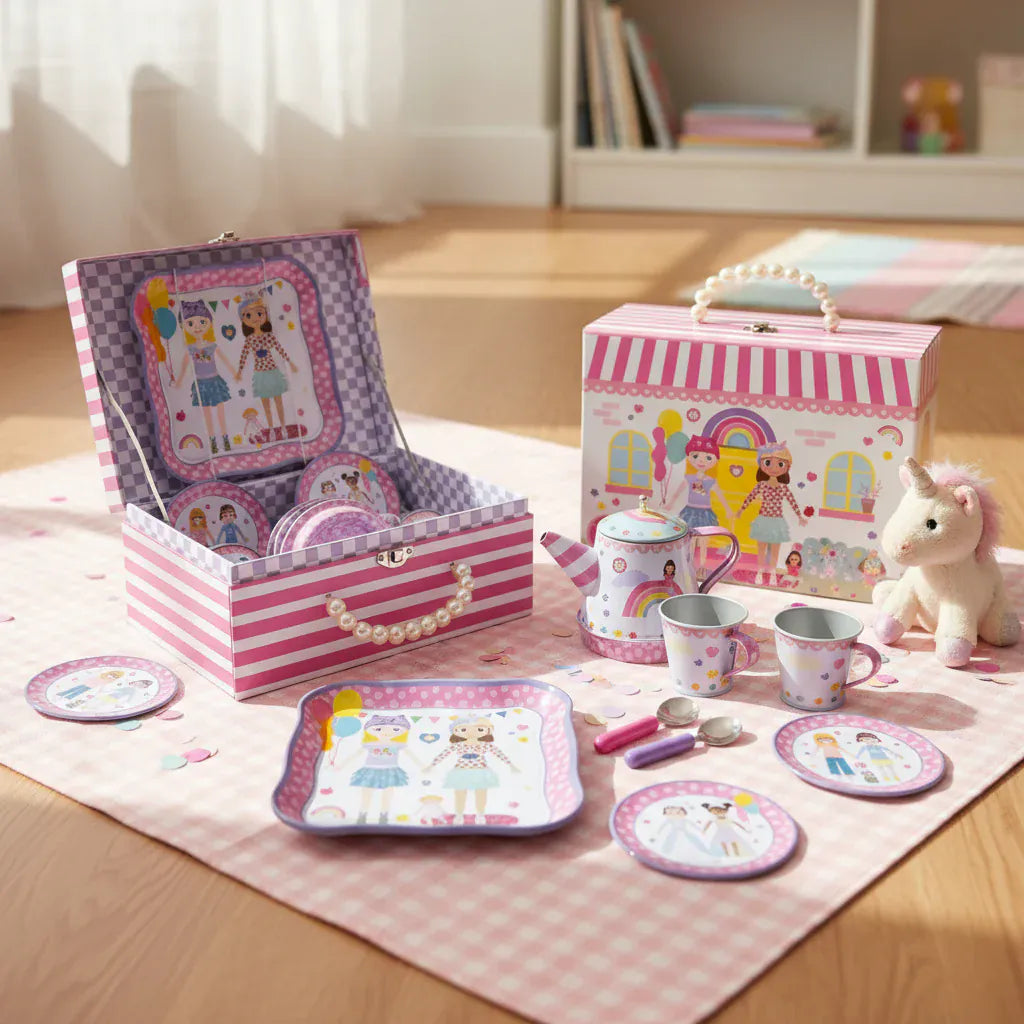 Floss & Rock Best Friends musical 9-piece tin tea set for children, featuring colorful cups, teapot, and accessories.