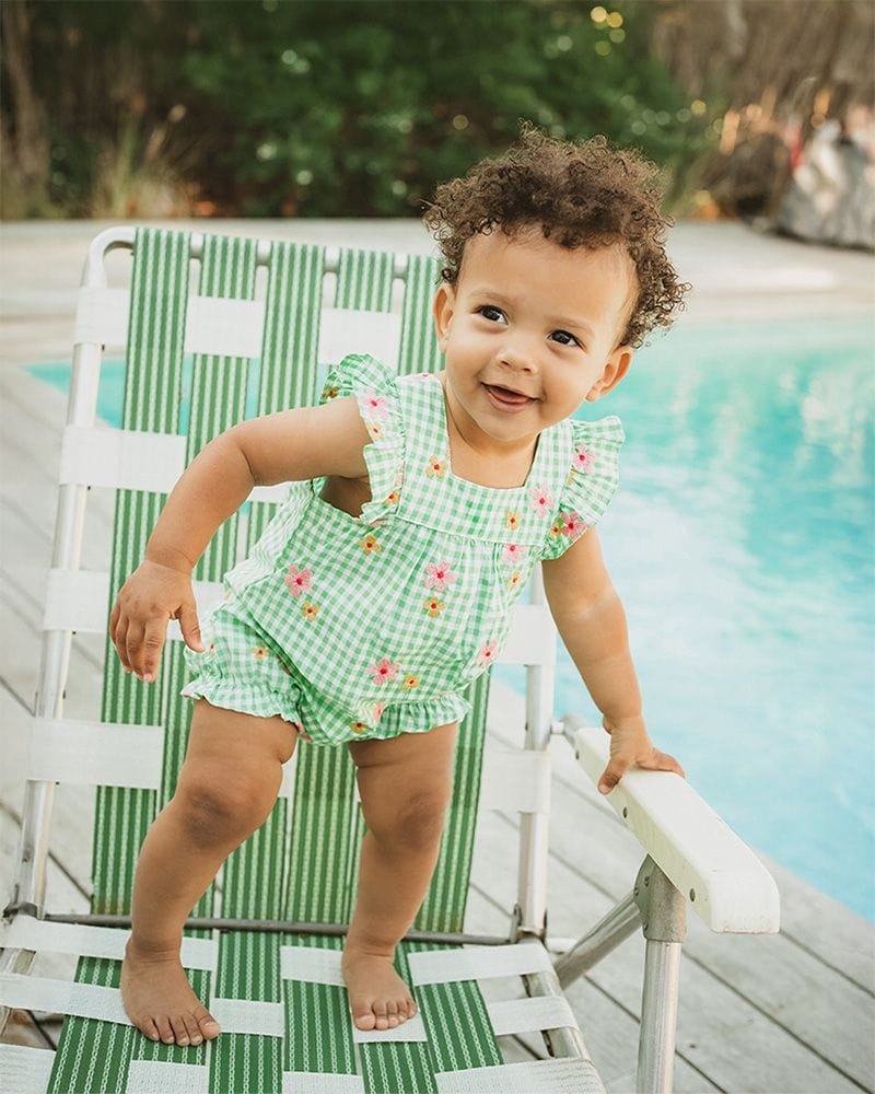 Fox & Finch Girls All In One Grow Wild Embroidered Check Romper