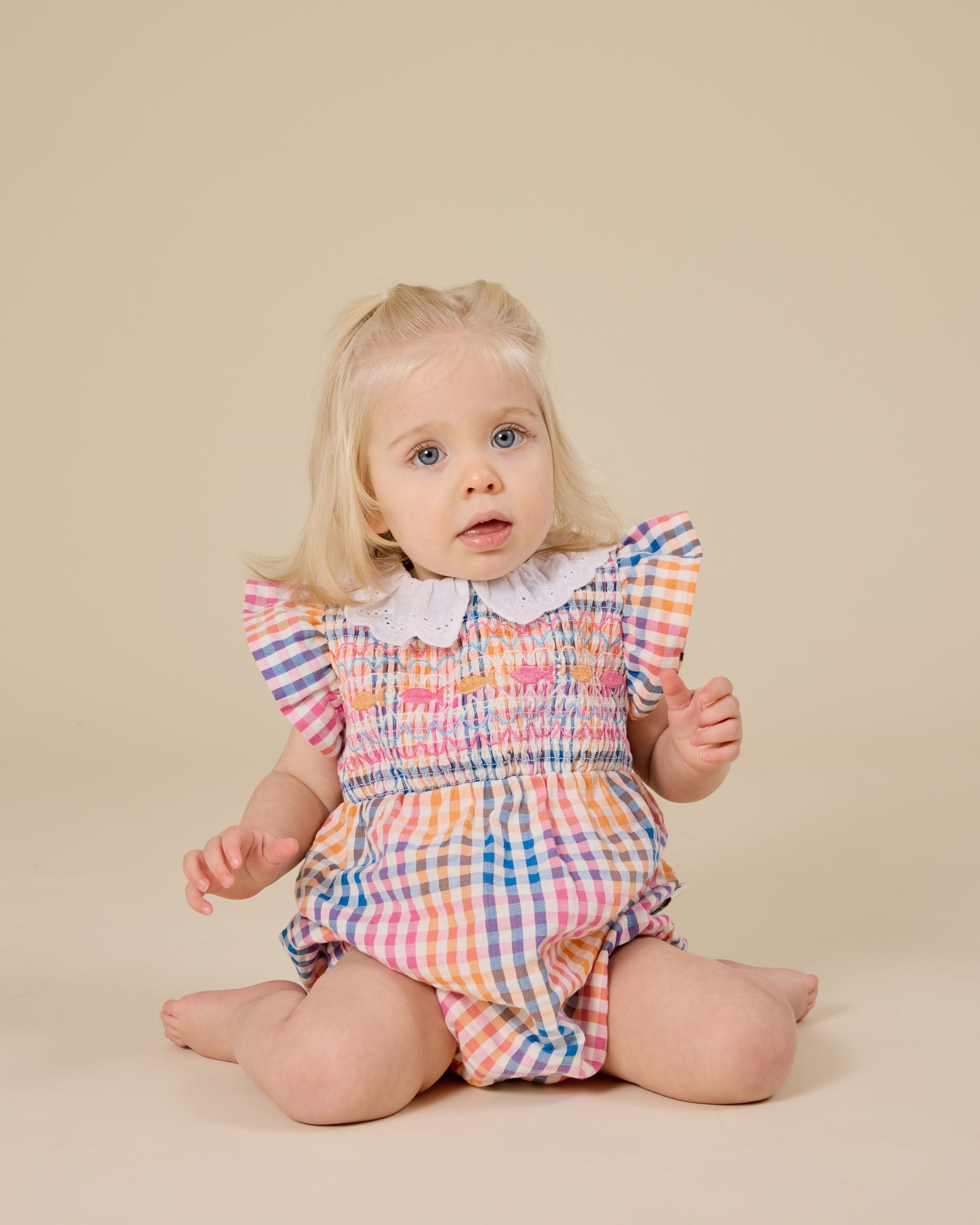 Goldie + Ace Girls All In One Rainbow Gingham Lani Smocked Romper