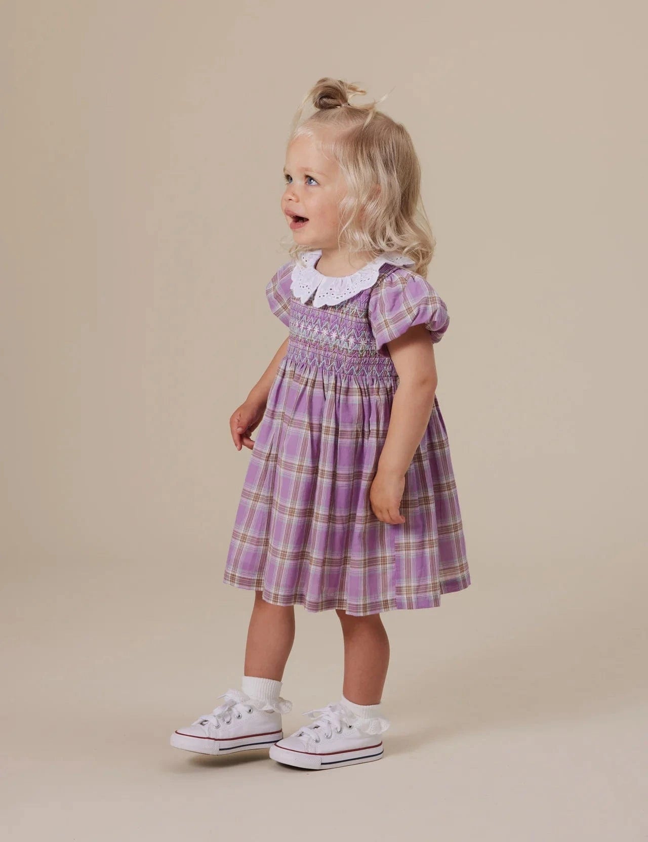 Goldie + Ace Girls Dress Mauve Check Flo Smocked Dress