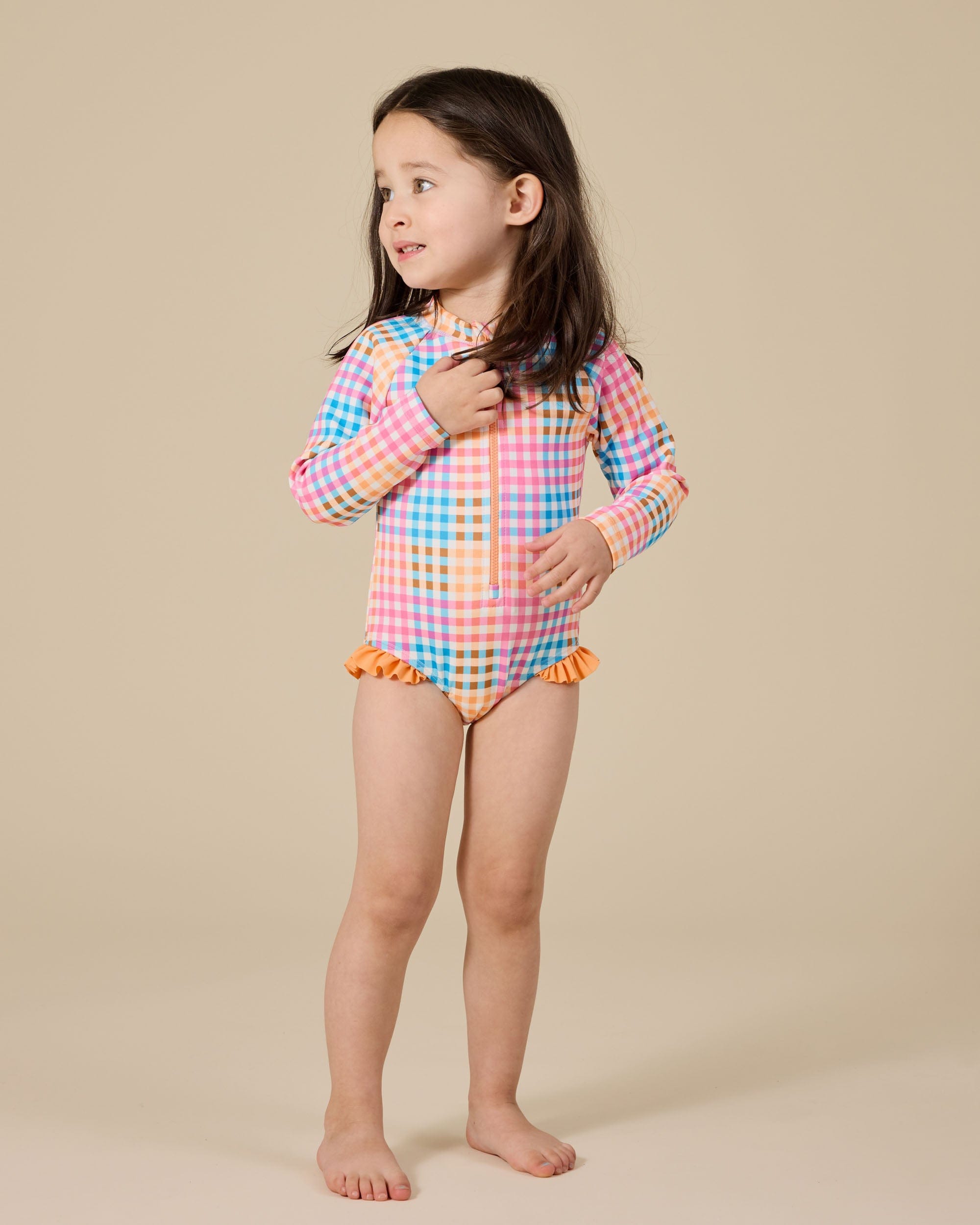 Goldie + Ace Girls Swimwear 1Y Rainbow Gingham Long Sleeve Frill Swimsuit