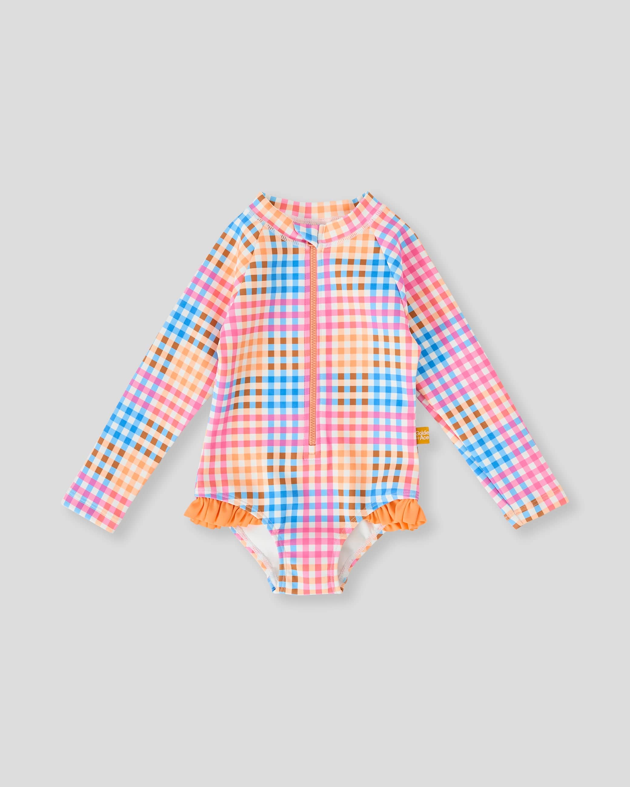 Goldie + Ace Girls Swimwear Rainbow Gingham Long Sleeve Frill Swimsuit