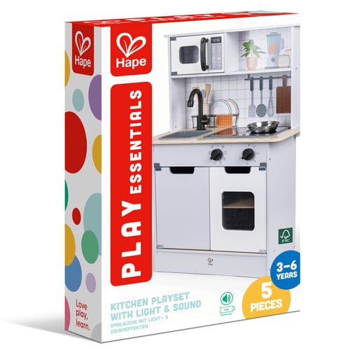 Hape kitchen playset with light and sound features, including toy appliances and utensils for imaginative pretend cooking.