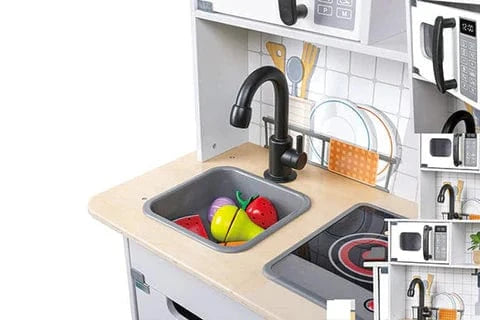 Hape kitchen playset for kids with light and sound features, includes toy stove, sink, and utensils for imaginative play